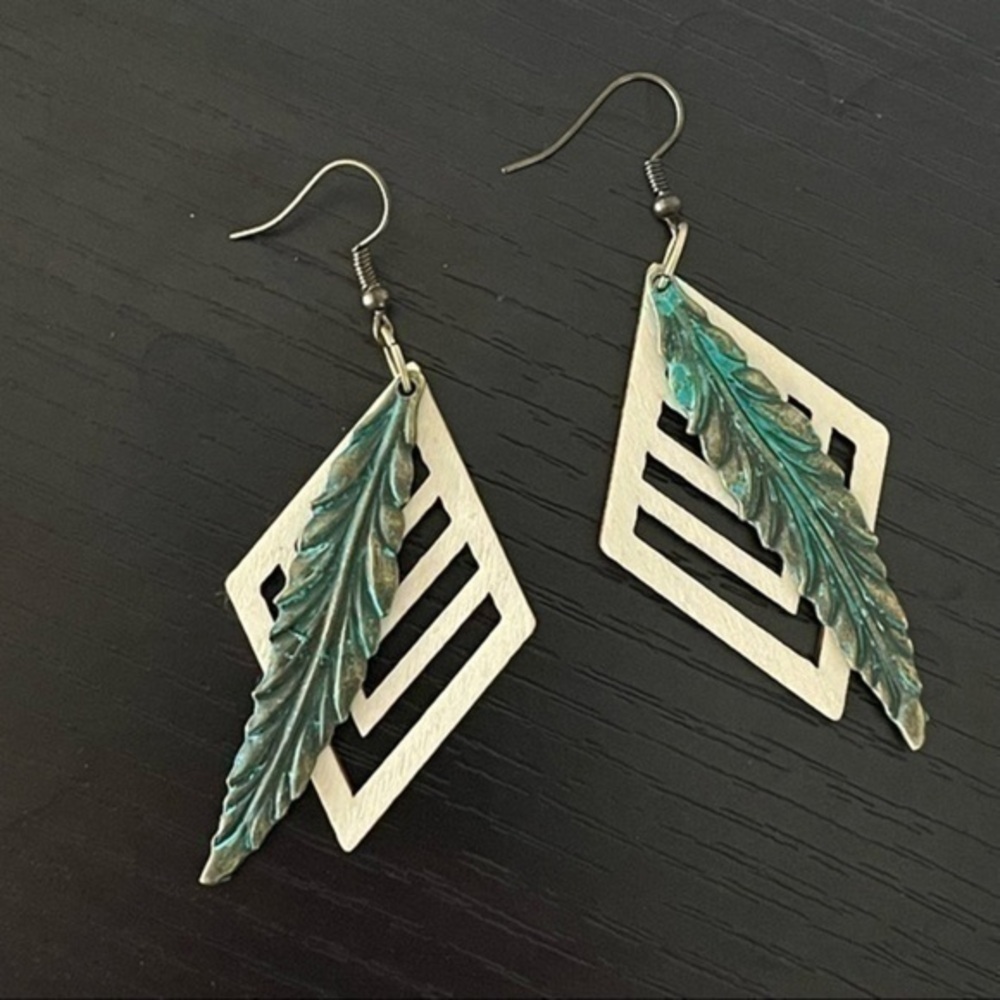 2/$29 Handmade Carved Wood Brass Feather Earrings 3” Boho Geometric Western